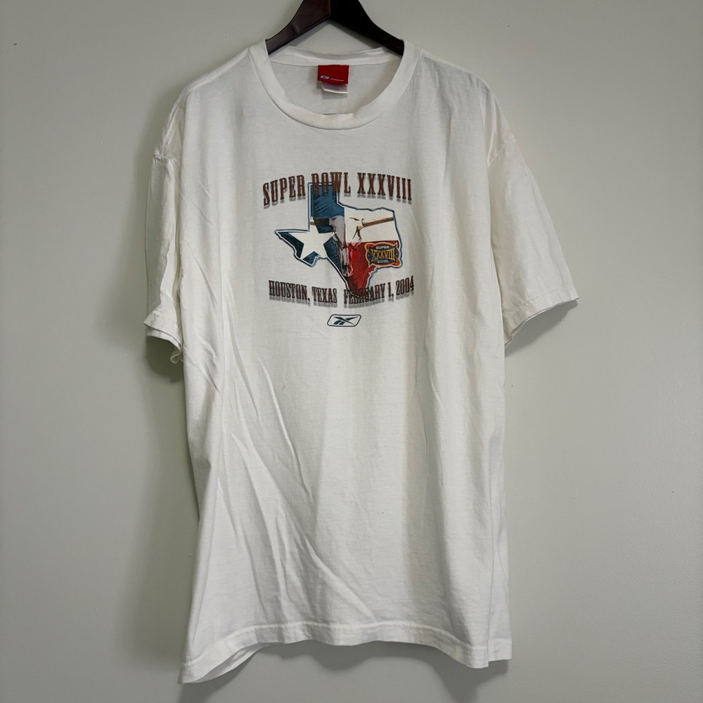 Reebok Super Bowl XXXVIII 2004 Houston Texas Graphic T-Shirt White Mens Large